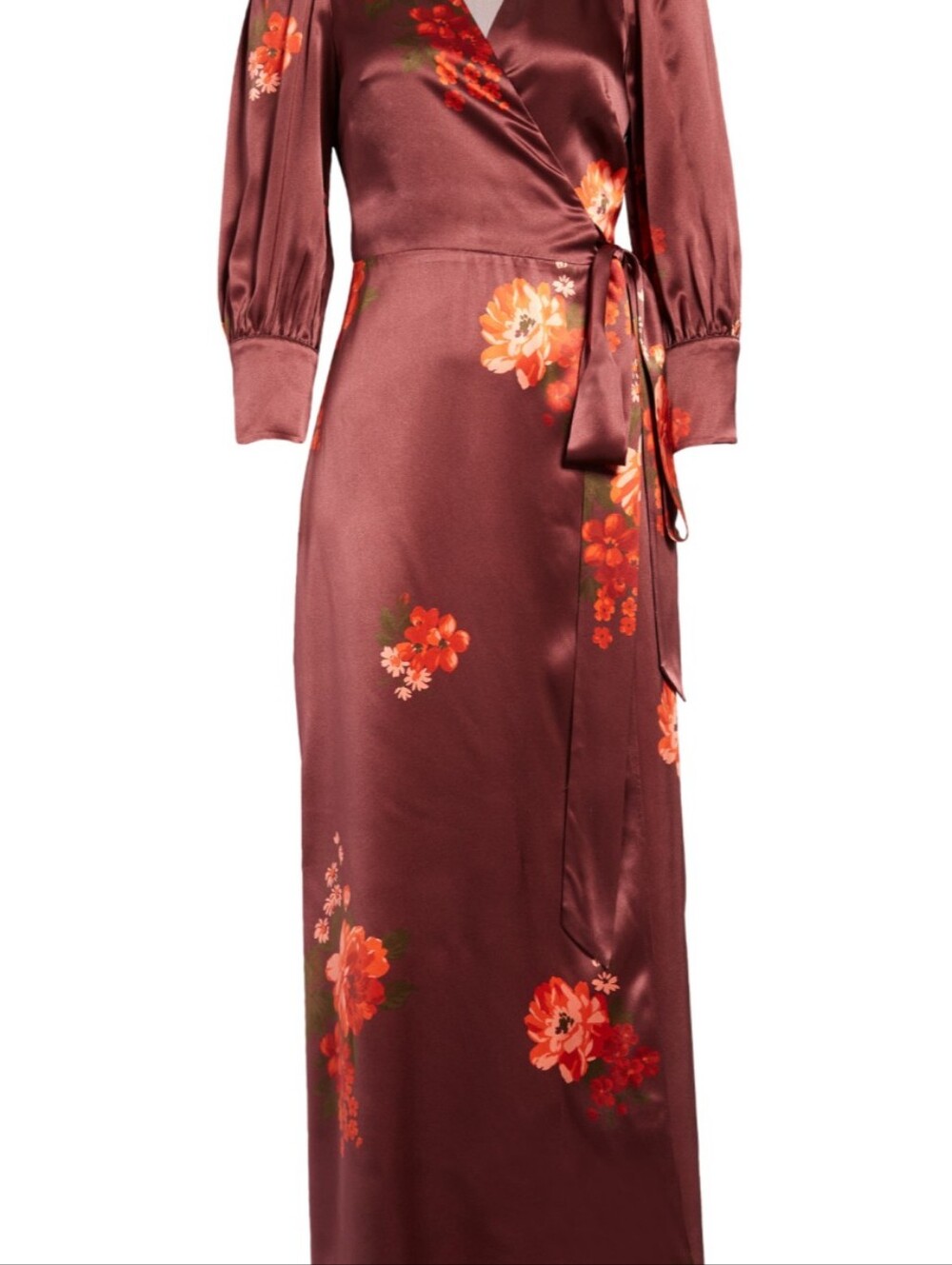 Reformation Burgundy Floral Satin Wrap Maxi Dress